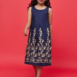 Aks Kids Girls Floral Embroidered Cotton A-Line Midi Dress-image-66