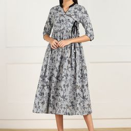ZNX Clothing Grey Floral Ethnic Cotton A-Line Midi Dress-image-55