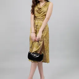 Kotty Green & White Floral Printed Cowl Neck Satin Sheath Midi Dress-image-38