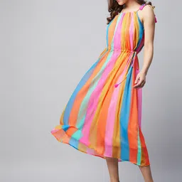 StyleStone Multicoloured Striped Chiffon A-Line Midi Dress-13