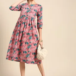 Anouk Women Pink & Blue Ethnic Motifs Print Pure Cotton A-Line Midi Dress-picture-29