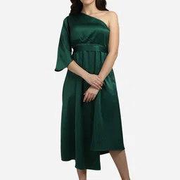 Smarty Pants Woman Bottle Green One Shoulder Satin Empire Midi Dress-49