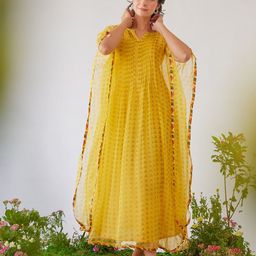 Baise Gaba Geometric Print Notch Neck Extended Sleeves Chiffon Kaftan Midi Dress-image-15