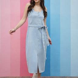 Athena Blue Strapless Tie-Up Detailed Denim A-Line Midi Dress-image-15