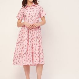 Moomaya Floral Print Cotton Shirt Midi Dress-14