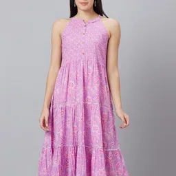 Globus Floral Printed Notched Neck Sleeveless Pure Cotton Fit and Flare Dress-image-16