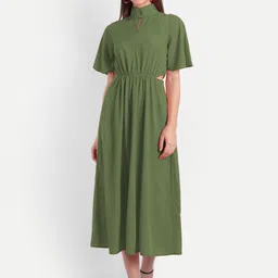 MINGLAY Olive Green Organic Cotton Flared Crepe Midi Dress-13