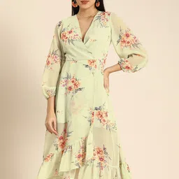 DODO & MOA Flounce Hem Floral Printed Puff Sleeves Midi Dress-image-49