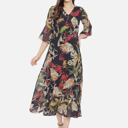 Slenor Floral Print Bell Sleeve Georgette Midi Dress-picture-23
