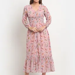 KALINI Floral Printed V-Neck Puff Sleeve Georgette Shirt Maxi Dress-picture-6