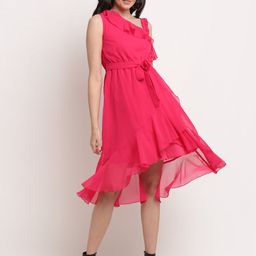La Zoire Pink One Shoulder Georgette Dress-image-41