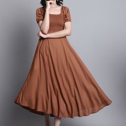 BAESD Square Neck Puff Sleeves Smocked Fit & Flare Midi Dress-picture-49