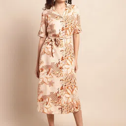 Cantabil Floral Printed Roll-Up Sleeves Shirt Midi Dress-image-12