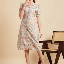 MINT STREET Floral Printed Puffed Sleeves A-Line Midi Dress-image-74