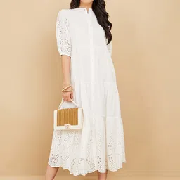 Styli Mandarin Collar Self Design A-Line Midi Dress-picture-32