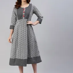 Saart Bunaai Women White & Black Ethnic Motifs A-Line Midi Cotton Dress-image-36