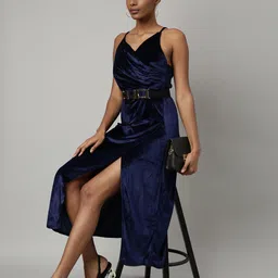 SHOWOFF V-Neck Shoulder Straps A-Line Midi Slip Dress Comes With A Belt-image-33