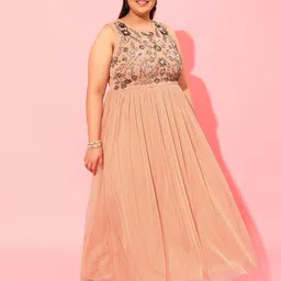 CURVY STREET Peach Plus Size Embellished Net A-Line Midi Dress-picture-19