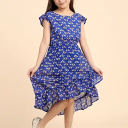 YK Girls Floral Printed Cap Sleeve Ruffled Fit & Flare Dress-image-12