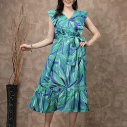 plusS Green Abstract Printed Gathered A-Line Midi Dress-12