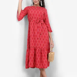 Vishudh Red Bandhani Printed Bell Sleeves Polyester A-Line Midi Dress-image-11