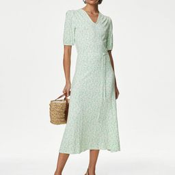 Marks & Spencer Floral Printed Belted V-Neck Puff Sleeves A-Line Midi Dress-image-19