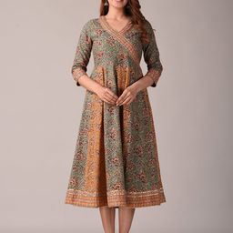 KANNAHI Women Ethnic Motifs Printed V-Neck Cotton Wrap Ethnic Dress-image-18