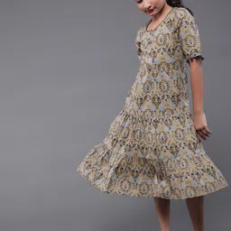 Aks Kids Girls Ethnic Motifs Printed Pom-Pom Detailed Cotton A-Line Dress-image-23