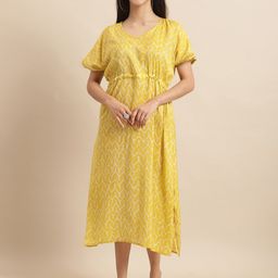 Aawari Ethnic Motifs Printed V-Neck Gathered Detailed Silk Kaftan Midi Dress-image-77