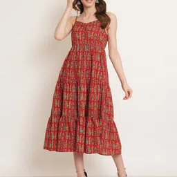COTLAND FASHION Ethnic Motifs Printed Shoulder Straps Cotton Empire Midi Dress-picture-0
