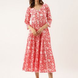 Divena Floral Printed V-Neck Gathered Tiered Cotton Maxi Dress-image-57