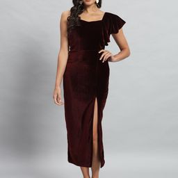 VAARARO Shoulder Straps Velvet Ruffles Bodycon Midi Dress-image-82
