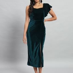 VAARARO Shoulder Straps Velvet Ruffles Bodycon Midi Dress-image-29