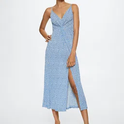 MANGO Blue & White Floral Front Slit Sheath Midi Dress-image-92