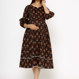 Ikk Kudi by Seerat Floral Printed Maternity A-Line Midi Pure Cotton Dress-46