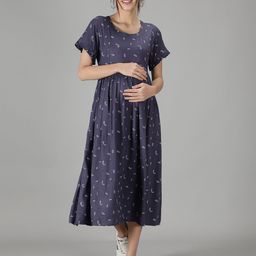 NIGHTSPREE Women Grey Floral Printed Maternity Fit & Flare Dress-image-66