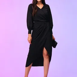 Globus Black V-Neck Cuffed Sleeves Gathered Satin Wrap Midi Dress-picture-8