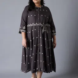 W Women Plus Size Grey Ethnic Motifs Embroidered A-Line Midi Dress-picture-0