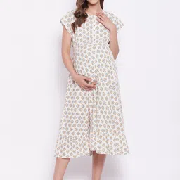 Hypernation Women Off White Floral Maternity A-Line Midi Dress-56