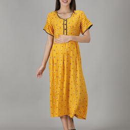 NIGHTSPREE Yellow Ethnic Motifs Maternity A-Line Midi Dress-image-34