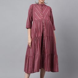 Negen Striped Tiered Cotton Maternity A-Line Midi Dress With Feeding Zip-image-73