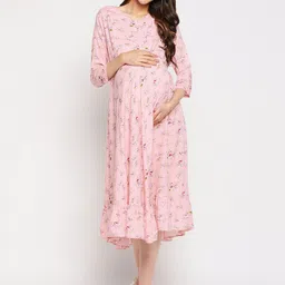 Hypernation Floral Round Neck Maternity A-Line Midi Dress-image-83