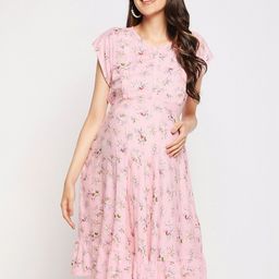 Hypernation Floral Round Neck Printed Cap Sleeves Maternity A-Line Midi Dress-image-25