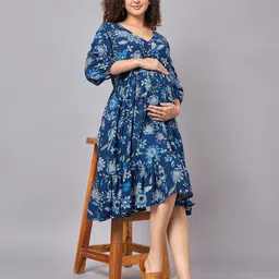 Mine4Nine Floral Print Puff Sleeves Maternity A-Line Midi Dress-image-23