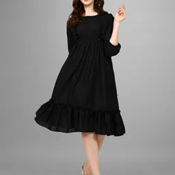 Femvy Puff Sleeves Fit & Flare Midi Dress-image-22