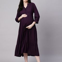 Aanyor Maternity Mandarin Collar Tiered Fit & Flare Cotton Midi Dress-image-31