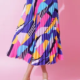 OTABU Abstract Printed Knee Length Flared A-Line Midi Skirt-picture-13