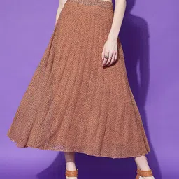 STREET 9 Women Rust-Brown Printed Flared Midi Skirt-image-24