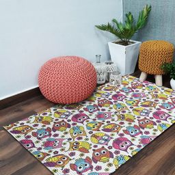 Mona B White & Pink Owl Printed Cotton Dhurrie Carpet-32