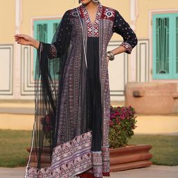 Juniper Lavender Ethnic Motifs Printed Maxi Cotton Ethnic Dress With Dupatta-image-29